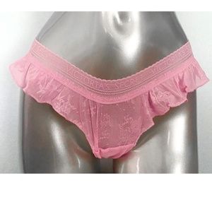 Victorias Secret Nwt Pink Logo Band Lace Flutter Sexy Ruffle Thong Panty